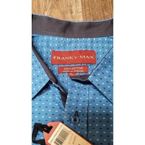 Mens Shirt Casual Dress Blue Pattern FRANKY MAX Button Up Front Large - Picture 4 of 7